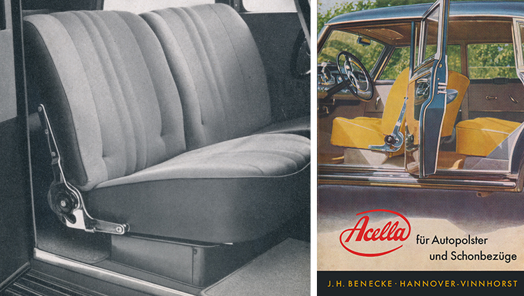 Assentos de carro feitos de couro de imitação Acella e folheto publicitário correspondente