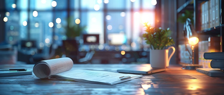 Public relations officer working on a press release, background featuring blurred office and media contacts, octane render, 32k, UHD