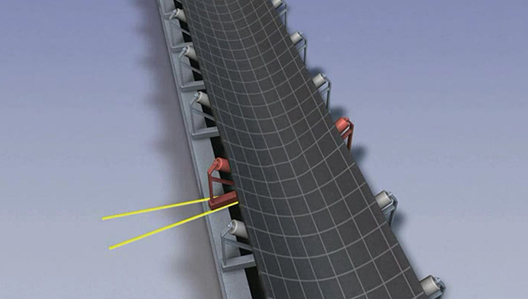 Idlers where the axis is not perpendicular to the running direction have a steering influence on the belt.
<br><br>
In some cases this may be wanted, as for instance with curved conveyors. However in a straight conveyor this leads to mistracking and can cause damages at the belt edge as well as increased energy consumption.
<br><br>
Here the mistracking of the belt can be seen, which results from an idler station that has been turned around the vertical axis.