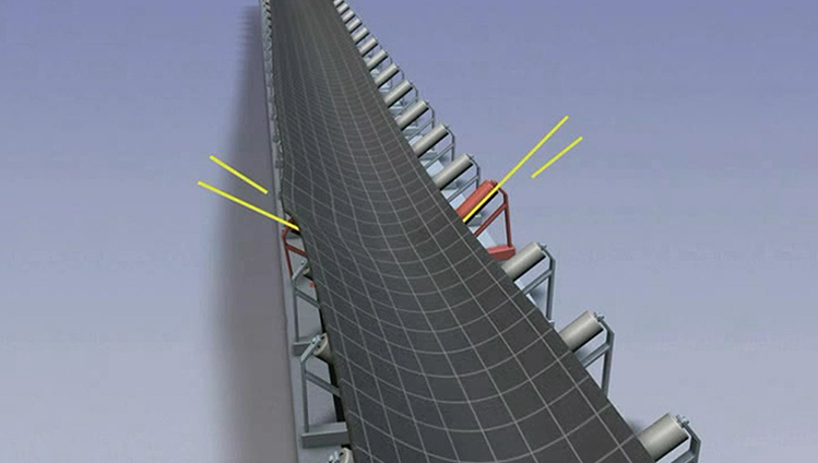 A good and exact alignment contributes to good tracking of the conveyor belt.
<br><br>
The angle must be the same for both side idlers. The idler station must be symmetric regarding the running direction of the belt.
Horizontal curves are an exception. Here it can be necessary to tilt the idler stations.
<br><br>
Here the mistracking of the belt can be seen, which results from an idler station which is tilted around the axis in line with the running direction of the belt.