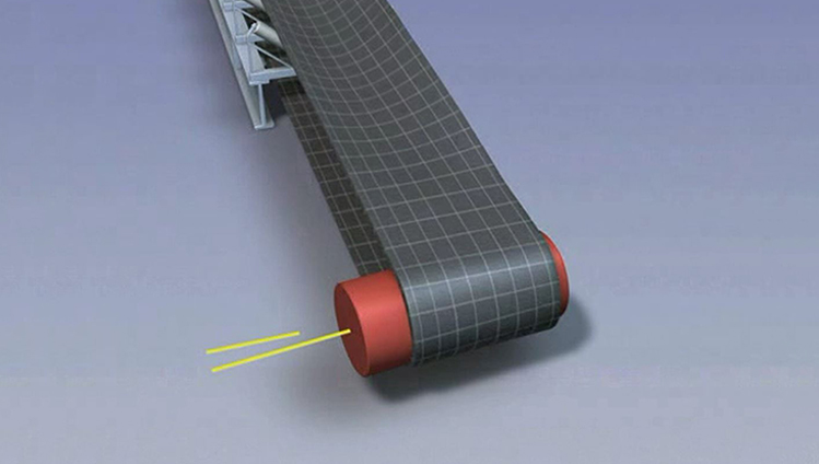 Pulleys change the running direction of the belt at the transition from top to bottom run and vice versa.
<br><br>
Jammed particles of the bulk material reduce the passage width for the belt.
<br><br>
Here the mistracking of the belt can be seen, which results from a pulley that is not perpendicular to the running direction of the belt.