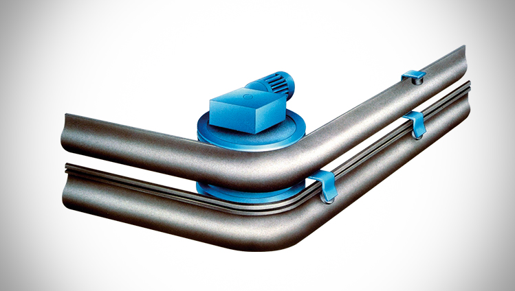 Drive and curves – The belt is guided into curves by means of individual deflection pulleys. The drives are fitted in at curves of at least 90°.