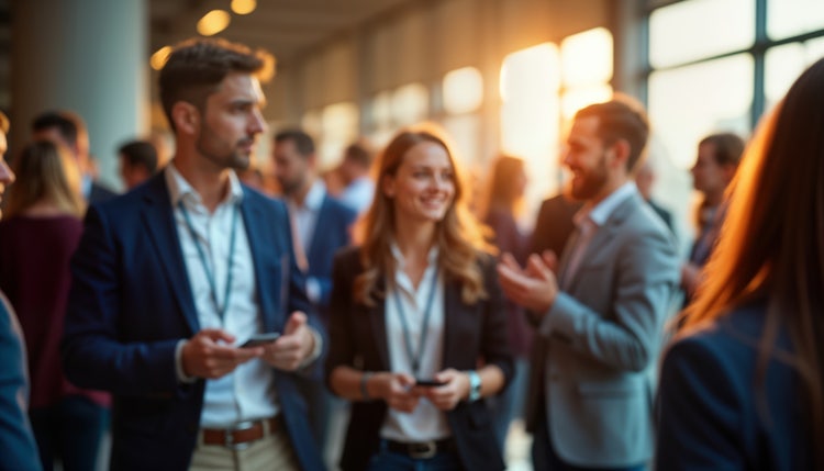 Business people mingle at a conference. Many people talk and exchange contacts, in a large hall. Social networking event. Business professionals. Corporate event. Busy meeting. People look happy.