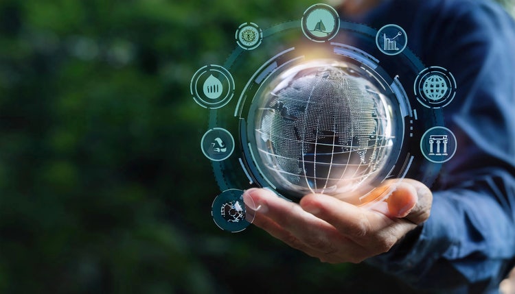 Circular economy concept.crystal globe with a circular economy icon around it.circular economy for future growth of business and design to reuse and renewable material resources.reusing, recycling.